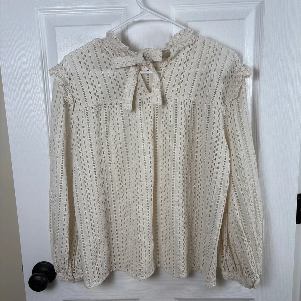 Madewell Eyelet Blouse Size M Ivory Ruffle Cotton Boho Cottagecore Victorian Top